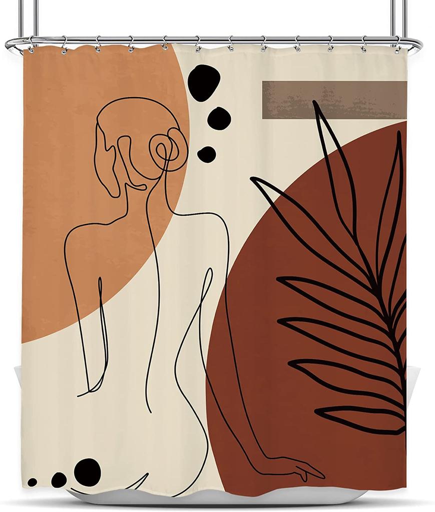Abstract Woman Shower Curtain Leaves Minimalist Mid Century Contemporary Line Shapes Terracotta Modern Aesthetic Bathtub Decor