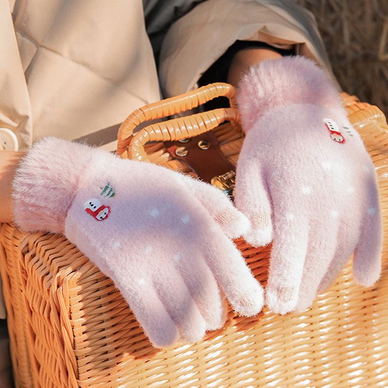 Autumn And Winter Knitted Plush Gloves Outdoor Cycling Windproof Warm Thick Cute Cartoon Touch Screen Gloves