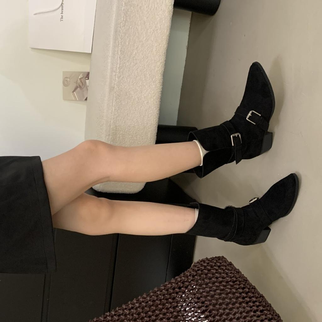 2025 autumn and winter retro belt buckle thick heel fold two wear short boots women's fashion temperament fashion short boots