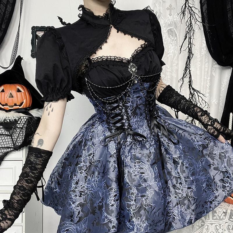 Gothic Dark Style Twopiece Dress Set With Jacquard Fabric For Streetwear Fashion