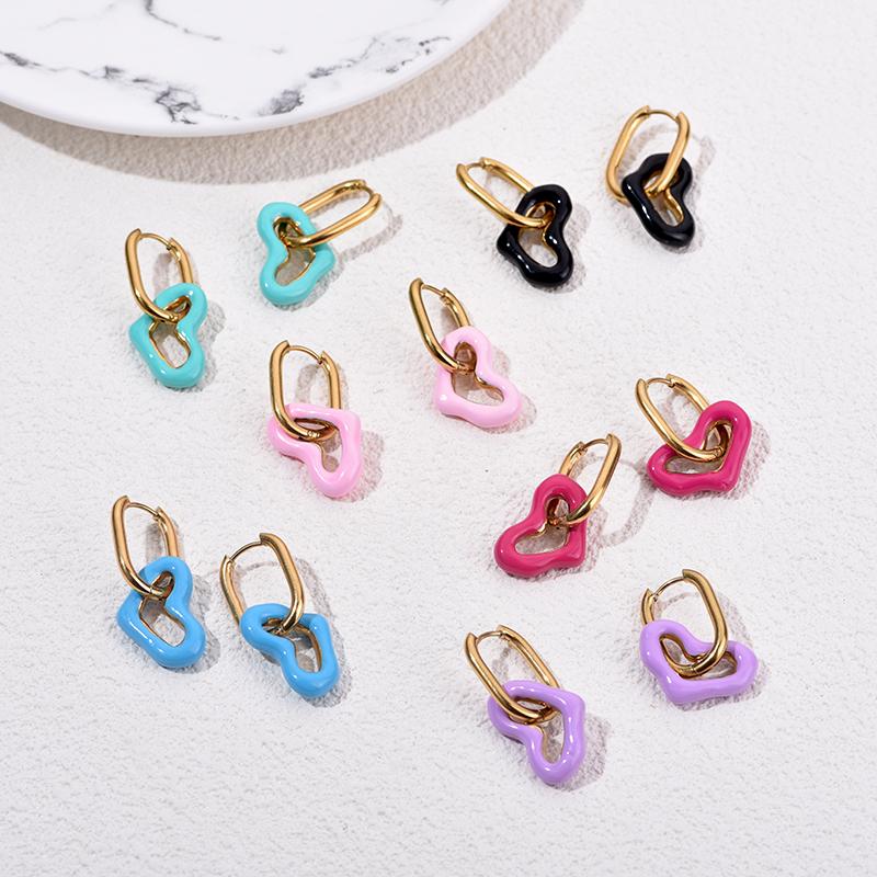 New Fashion Enamel Heart Stainless Steel Ear Buckle Hoop Earrings For Women Vintage Love Gold Color Pendant Female Jewelry Gift