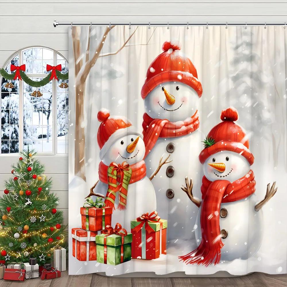 

Snowman Shower Curtain Christmas Winter Farm Gift Cartoon Botanical Red Berry Bird Home Polyester Fabric Bathroom Decor Curtains 90x180cm-35x70in