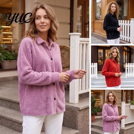 Lapel Shirt Coat Women Plush Cardigan Sweater, Long Sleeve Button Down Knit Jacket, Warm Casual Open Front Outerwear for Autumn Winter
