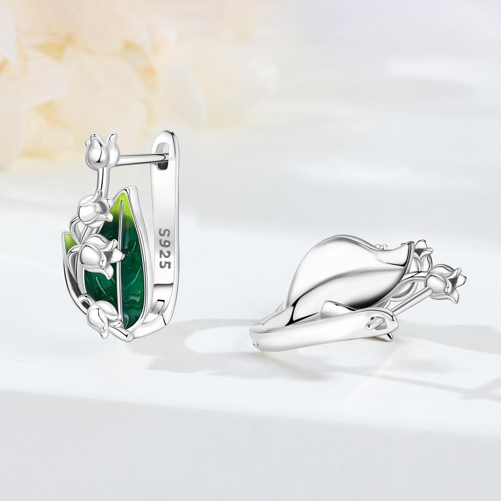 S925 Sterling Silver Green Flowers and Leaves Earrings Hoop Earrings Women Jewelry Original Trendy Anniversary Gifts
