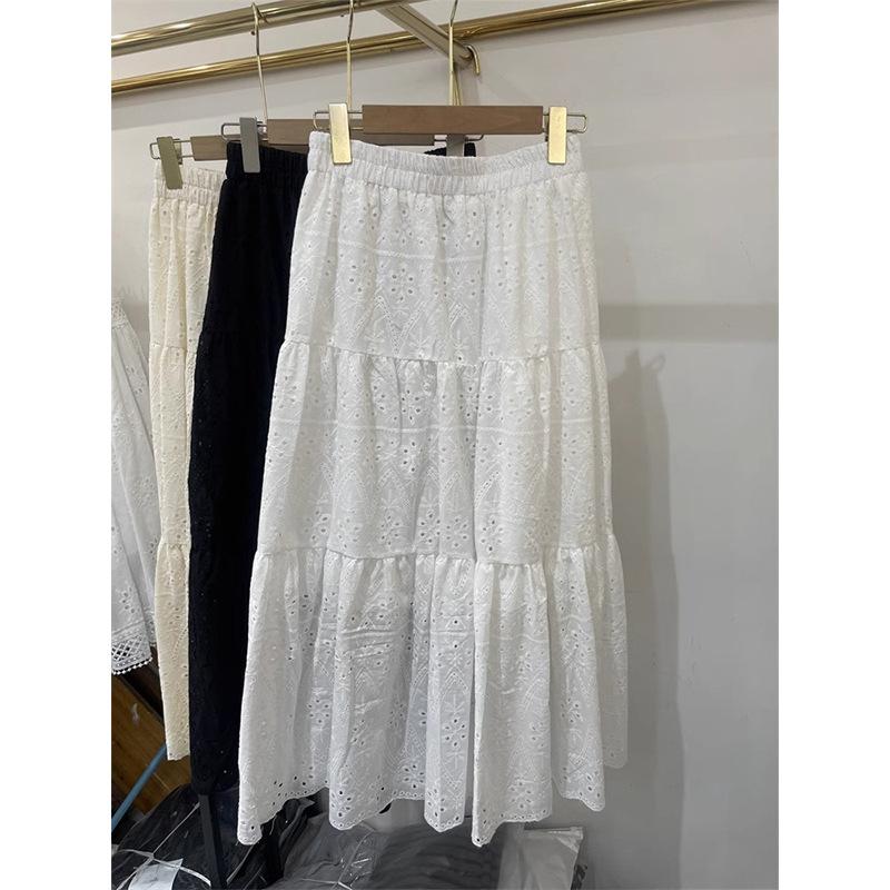 [Original fabric] Korean high-waisted and thin embroidery hollow medium and long skirt women's A-shaped skirt versatile skirt