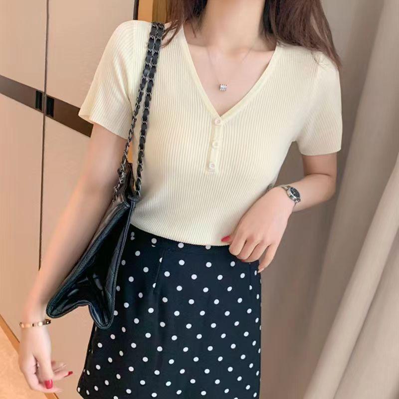 Women Summer V-Neck Short Sleeve Knitted Thin Sweater Shirt Top Short Sleeve Slim Bottoming Button Inner Outer Wear Solid Color
