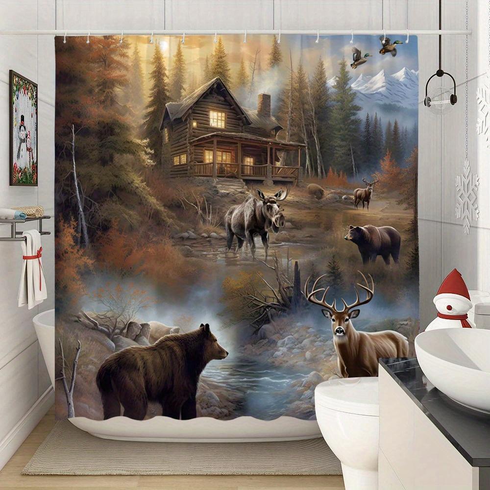 Rustikaler Waldtiere Duschvorhang Bär Elch Hirsch Ruhige Herbstszene Polyester mit 12 Haken Hütten-Thema Badezimmerdekoration