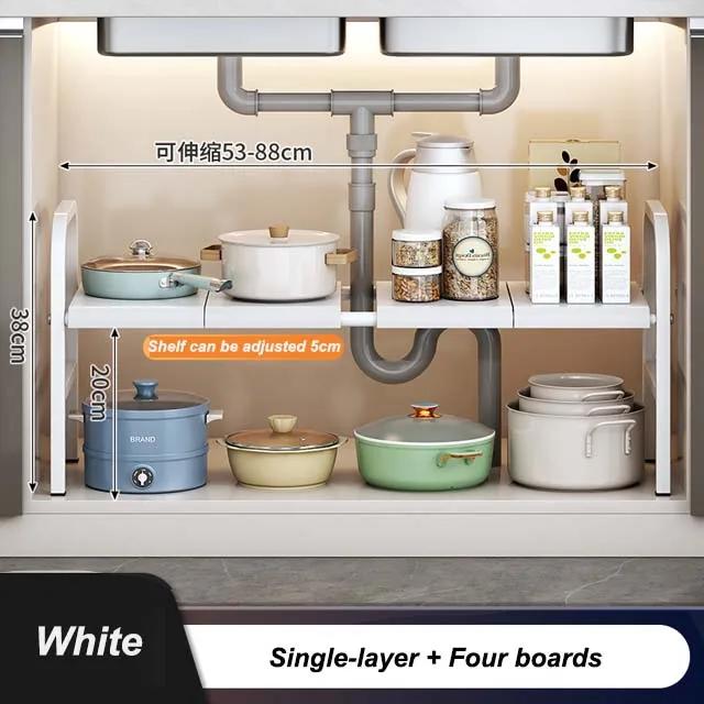 Kitchen Under Sink Adjustable Pot Rack Multifunctional Dish Pans Snacks Cookware Storage Rack Countertop Cabinet Storage Basket