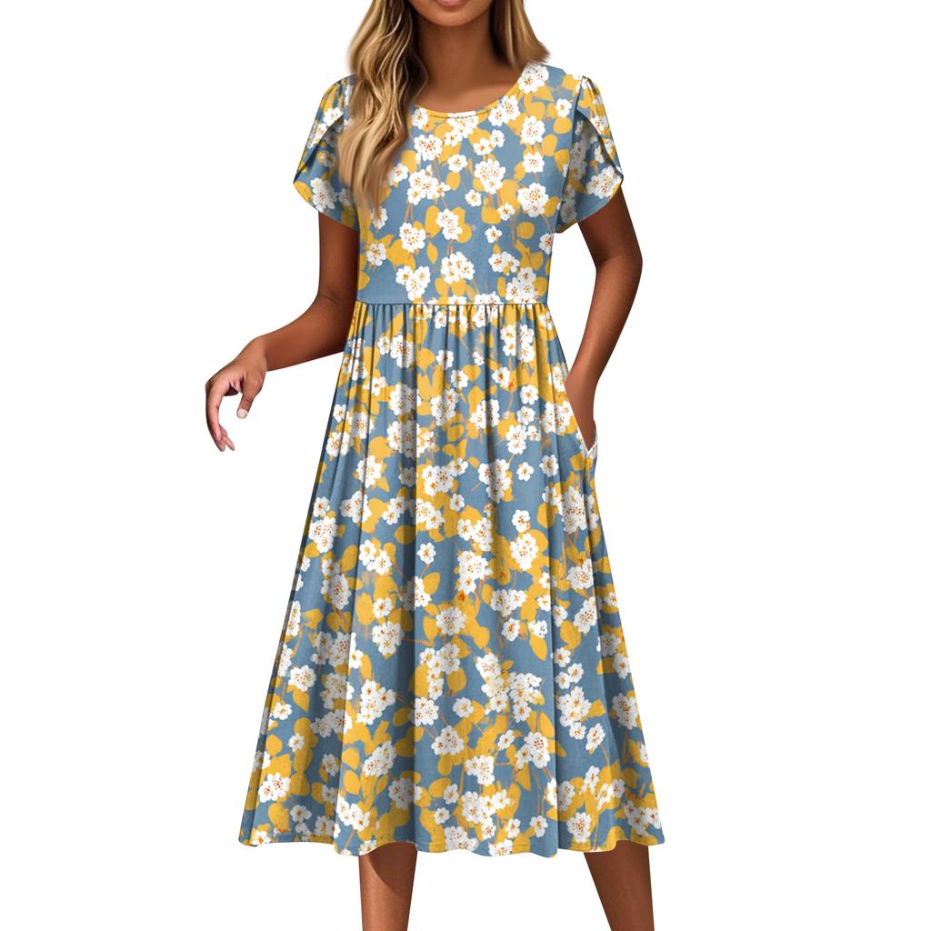 Women's Fashion Casual Loose Floral Print Round Neck Pocket Short Sleeve Dress