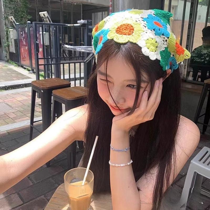 French Pastoral Style Triangle Headband Handmade Crochet Flower Headscarf Hat Knitted Girls Headband Towel