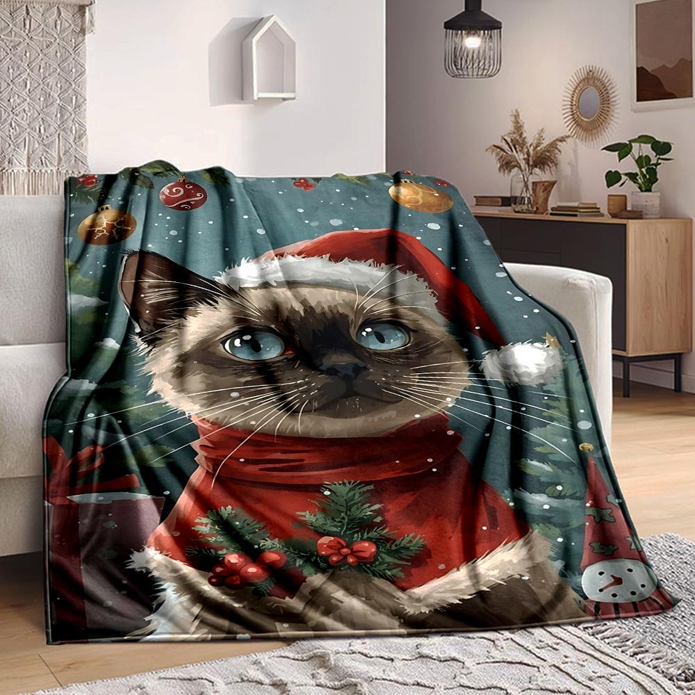 1Pc Christmas Cat Portrait Flannel Blanket, Soft And Comfortable, Casual Warm, Camping Travel, Christmas, Halloween Xmas Gift. G1123