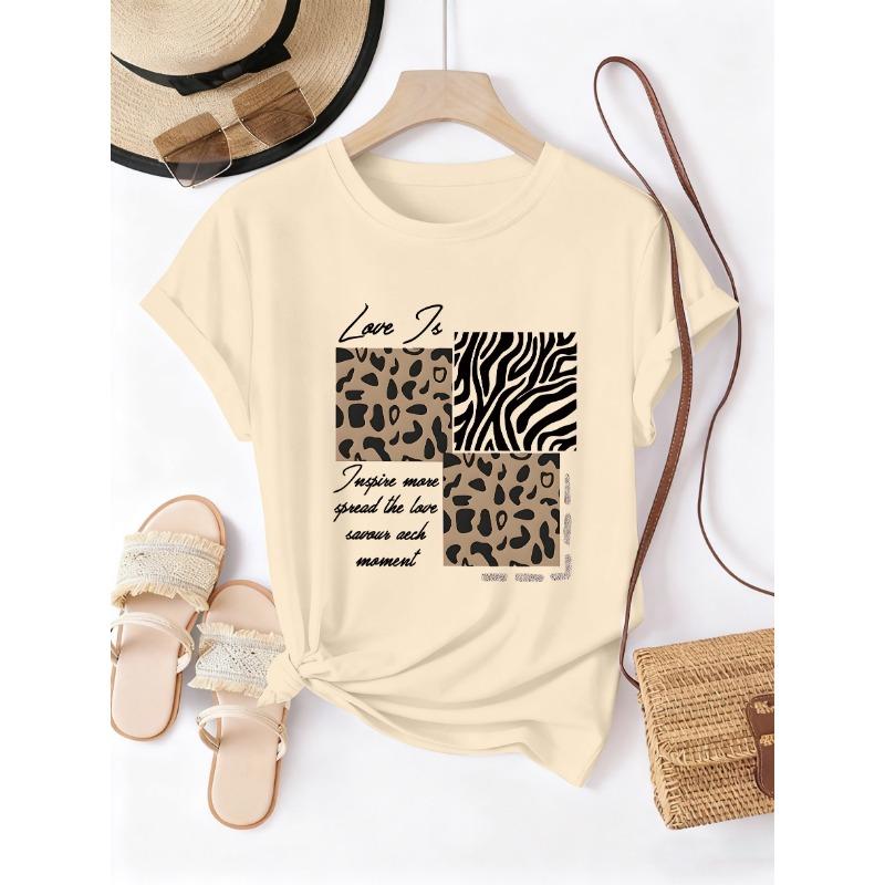 Leopard Zebra Slogan Print Vintage T-Shirt, Short Sleeve Crew Neck Casual Top, Suitable for Summer and Spring, Women's Clothing, Circle Directional