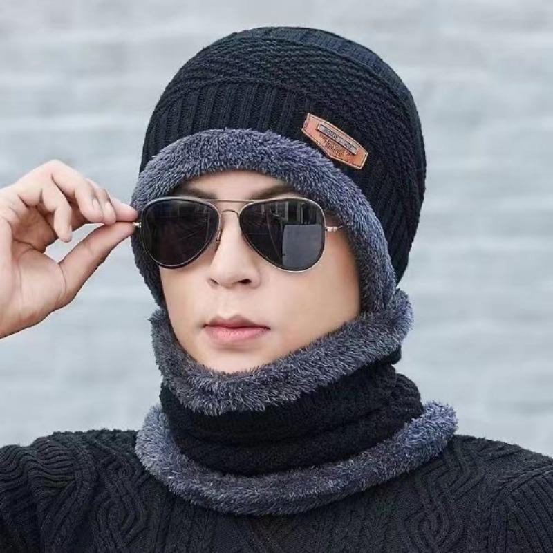 Winter Hat Men's and Women's Tide Autumn and Winter Men's Knitted Hat Fleece Thickened Wool Hat Pullover Hat Neck Cover Set To Keep Warm