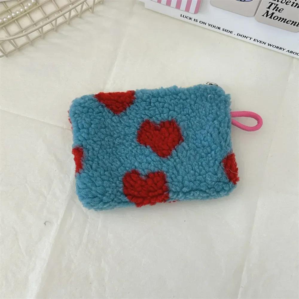 Women Plush Love Lipstick Cosmetic Storage Bag Heart Dot Stripes Leopard Print Clutch Mini Key Coin Purse ID Bag Case