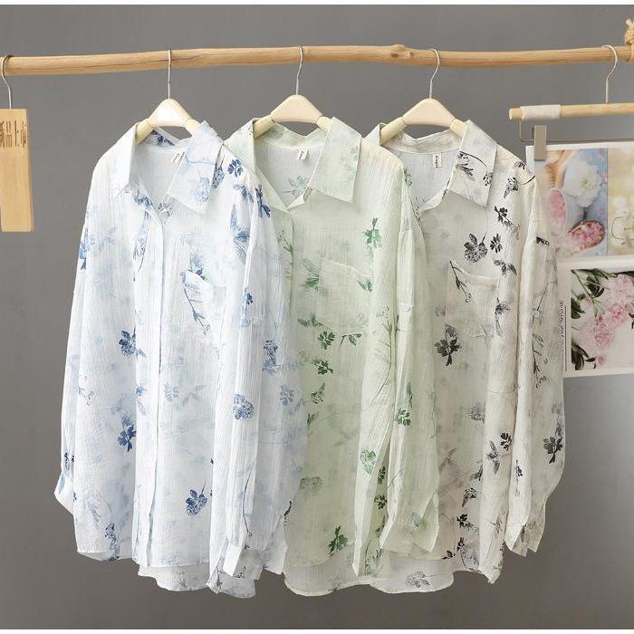 Summer Anti Wrinkle and Drooping Ink Painting Printed and Dyed Shirt Loose Long Sleeved Collar Thin Shirt Sun Protection Clothing