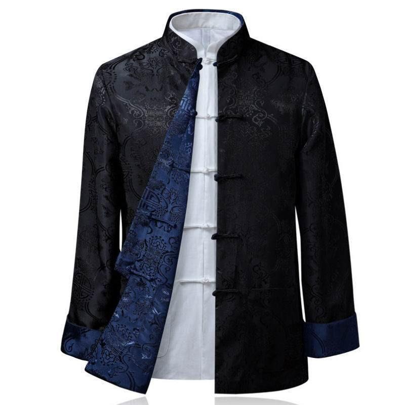 Traditional Chinese Tang Clothing Outer Jacket For Men With Doublesided Wear And Pocket Decor Perfect For Autumn