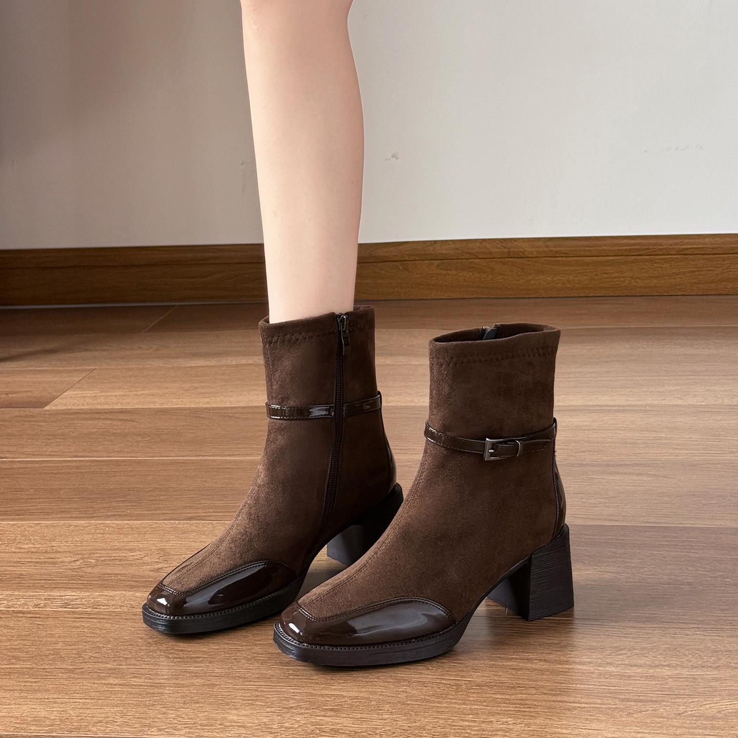 

Customized Women s Boots~ High Heel Short Boots Women s 2025 New Side Zipper Coarse Heel Women s Boots Square Head Medium Tube Fashion Boots 40 темно-коричневого