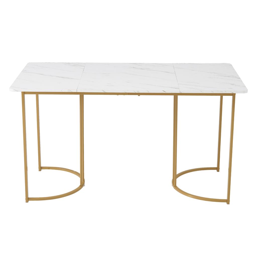 Dining Set (5-pc), Dining Table with 4 Chairs, 140×80cm Kitchen Table with Golden Metal Legs, MDF Tabletop In White, Dark Green Velvet Dining Chairs
