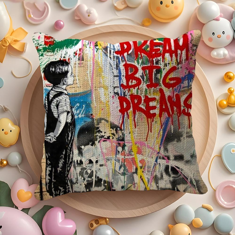 B-Banksy Street G-Graffiti Art Cushion Cover Natural Linen Organic Fabric Double-Sided Printing Sofa Home Decor Gift Pillow Case