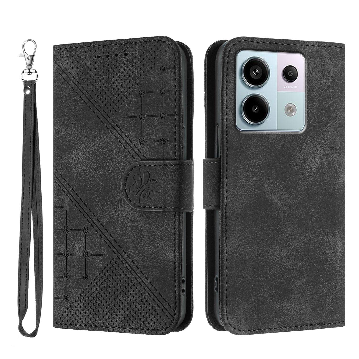 

For Xiaomi Poco X6 5G/Xiaomi Redmi Note 13 Pro 5G Leather Wallet Case Butterfly Flower Imprinted Phone Cover with Strap Black