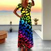 Women Plus Size V Neck Short Sleeve Maxi Dress Turquoise Vertical Leopard Print Loose Summer Vacation Long Dress