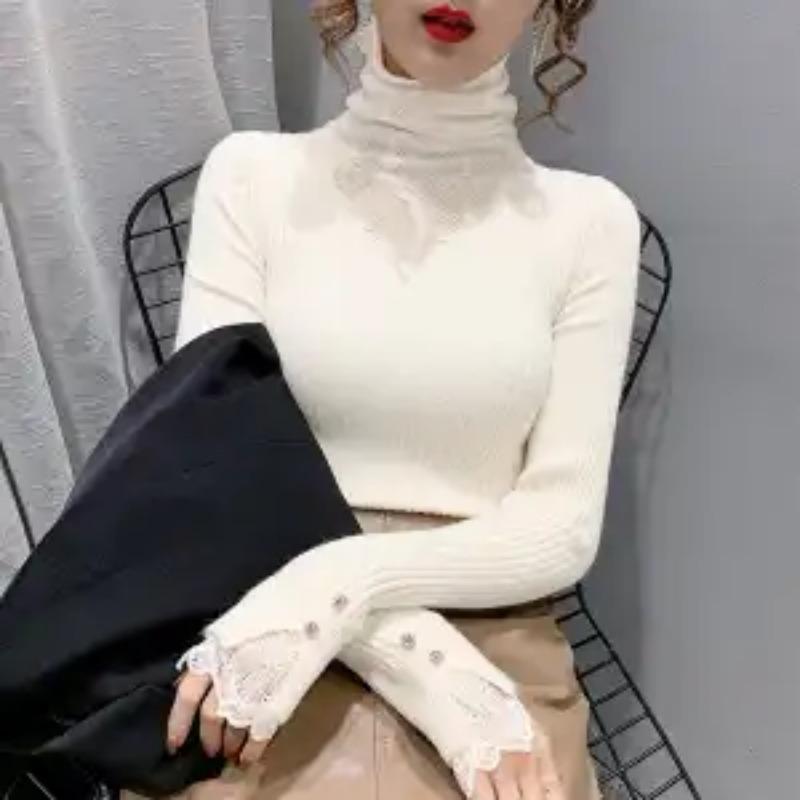 Splicing Pile Turtleneck Sweater Fashionable Slim Knitted Base Shirt Autumn Winter Mesh Hollow Lace