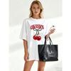 Oversized T Shirt Black Cherries Print With Red Text And Leopard Bow Summer Casual Wear