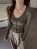 Premium Rolled-Edge V-Neck Slimming Long Sleeve Top for Women - Autumn/Winter