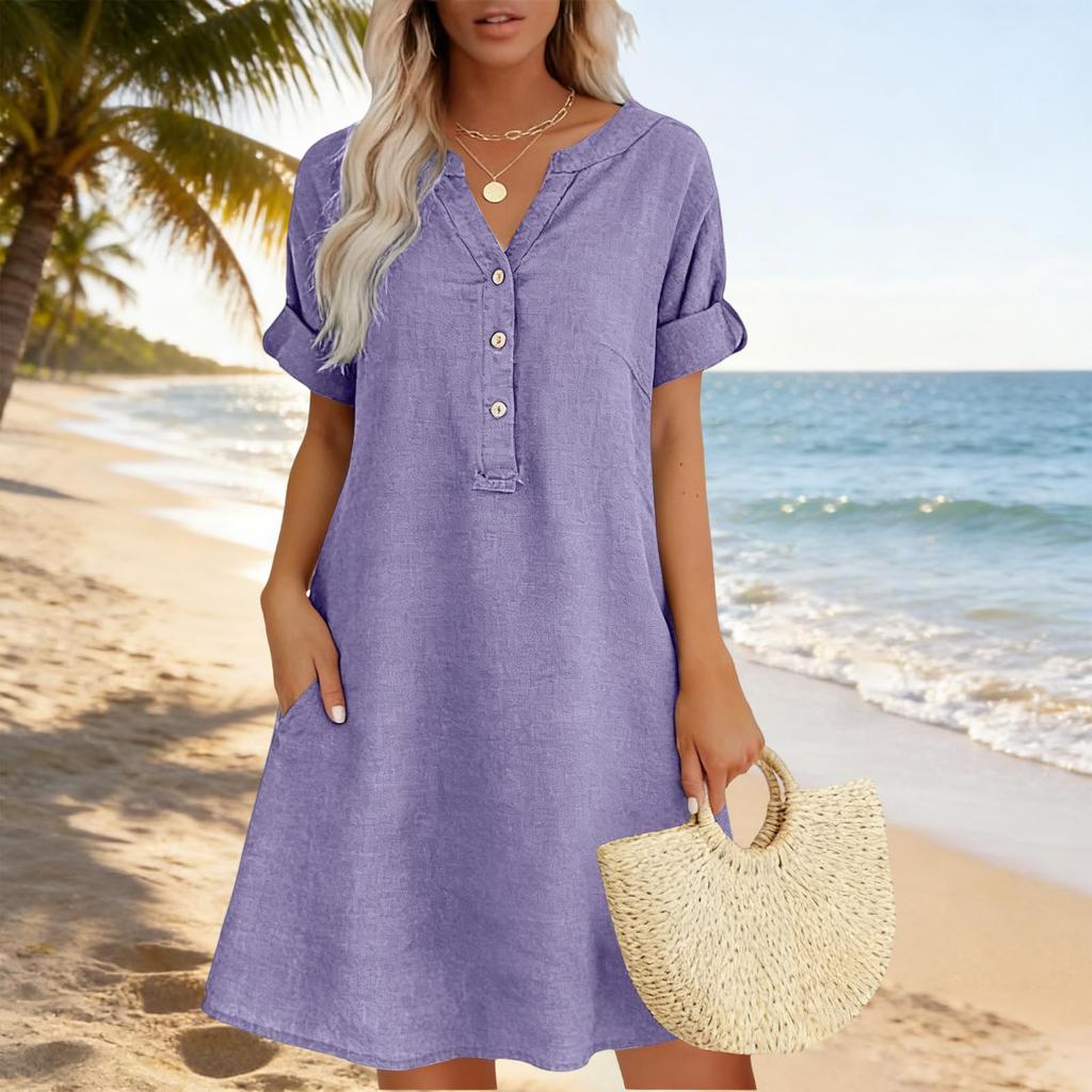 Womens V Neck Button Down Short Sleeve Loose Fit Linen Tunic Dress with Pockets Casual Summer Dress