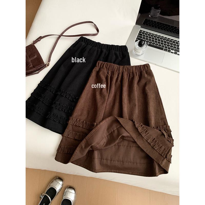 Women s Corduroy Ruffle Trim Skirt, 2025 Korean Style Winter Casual Elastic Waist M