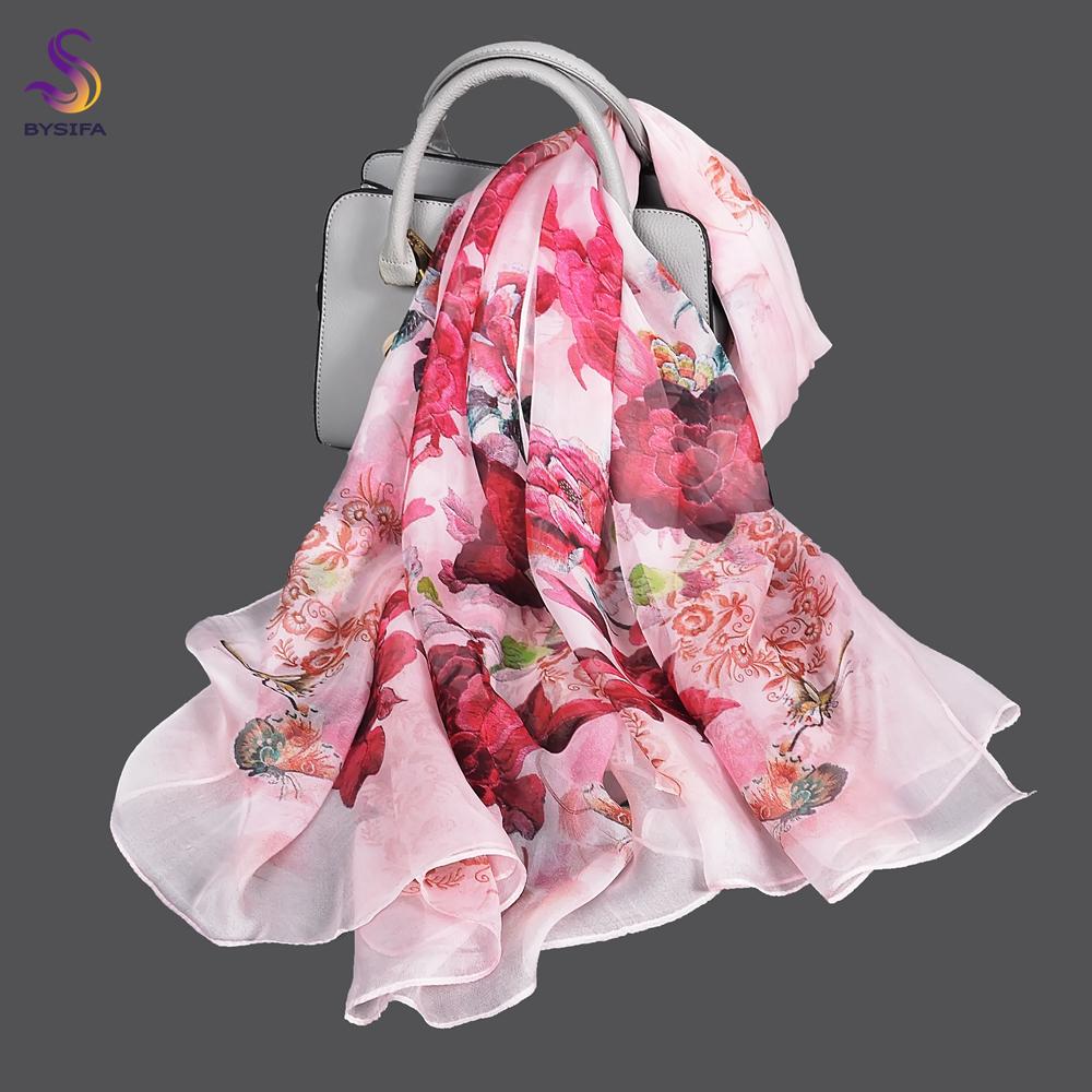 

[BYSIFA] Green Beige 100% Mulberry Silk Scarf Cape Summer Floral Design Chiffon Long Scarves Beach Shawl Ladies Scarves Echarpes