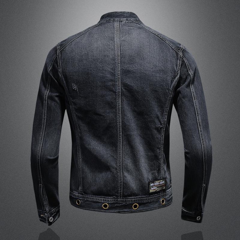 Spring 2020 Men's Dark Blue Retro Motorcycle Denim Jacket with Stand Collar and Zipper