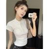Design Sense Henry Collar Light Gray Short-sleeved T-shirt Women's Summer New Korean Slim-fitting Thin Button-up Top