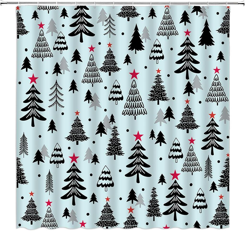 Christmas Tree Shower Curtain Blue Cute Xmas Tree Stars Cartoon Winter Holiday Merry Christmas New Year Bathroom Decor