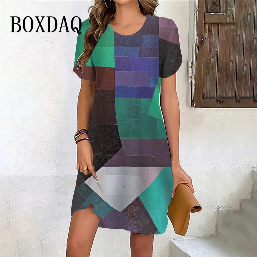 Spring Summer O-Neck Loose Dress Casual Geometry Printing Ladies Short Sleeve Fashion Plus Size Dresses Women Vintage Clothing