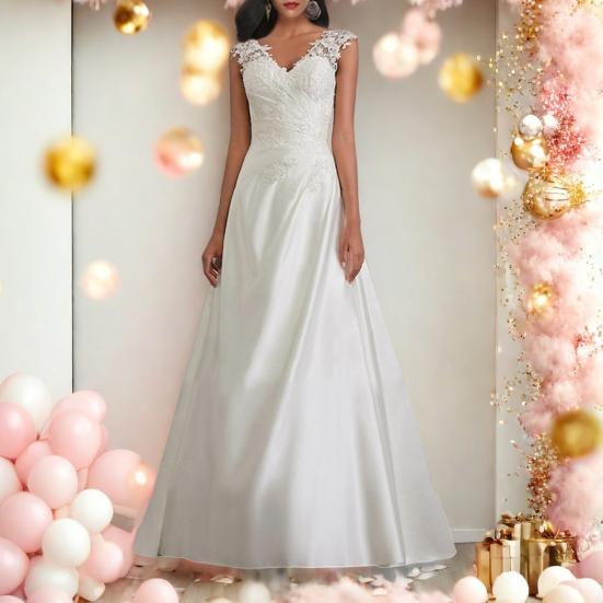 

Весільна сукня для нареченої мереживна аплікація V-подібний виріз без рукавів весільна сукня атласна формальна сукня випускний коктейль вечірня сукня S