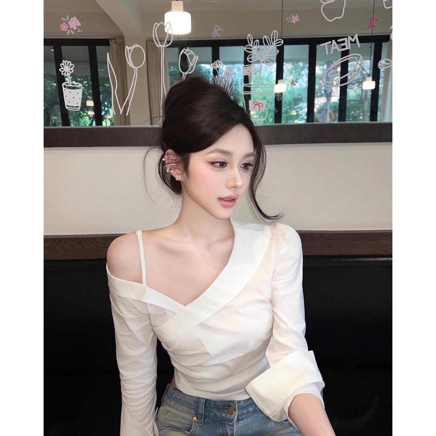 

French White Off-shoulder Shirt Women s Autumn Pure Want Fancy Elegant silm Slim Looking Tight Waist Beautiful Small Tops M белый