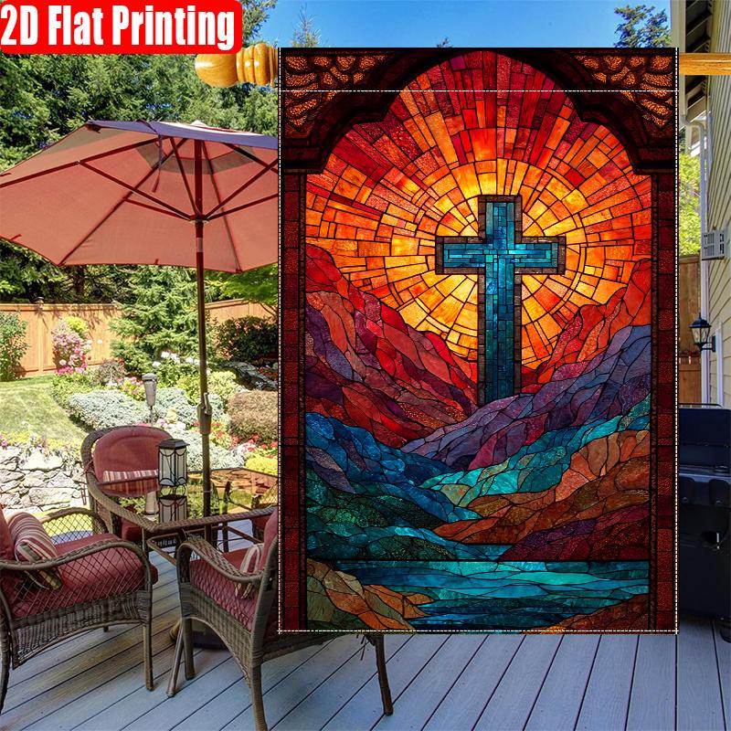 2D Flat - 2D Flat- L67-1pc Autumn Easter Christian Cross Print Courtyard Flag-Double Sided Garden Flag, Yard Decoration, Outdoor Decoration, Lawn, Fla