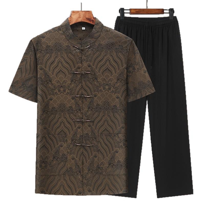 Men's Summer Tang Suit: Short Sleeve, Stand Collar, Frog Buttons, Two-Piece Set, Multi-color