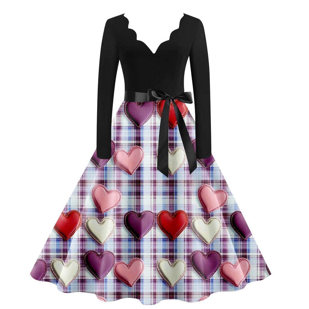 Women's Casual Fashion V Neck Long Sleeve Cute Printed Vintage Long Dress