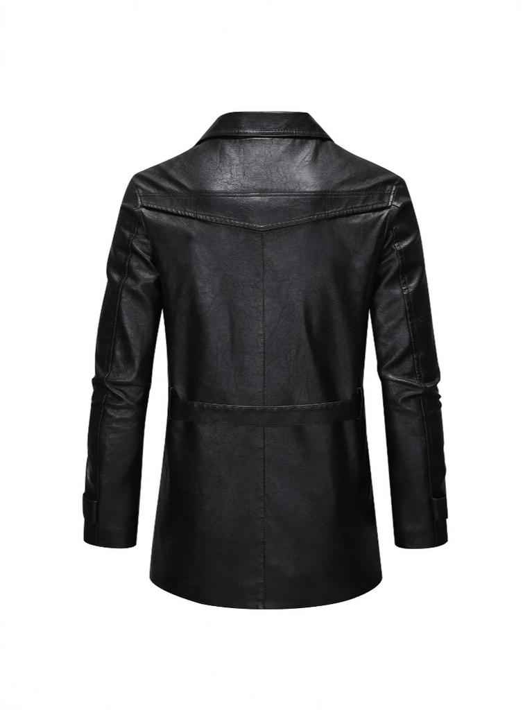 New European size men's mid-length leather trench coat, suit collar, leather jacket, casual trendy belt jacket for men