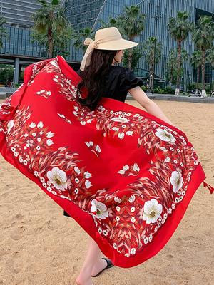 Summer Elegant Women Silk Scarf Beach Long Wrap Shawl Vintage Floral Print Sunscreen Bandana Hijab Mujer Bohemian Scarve Pareo