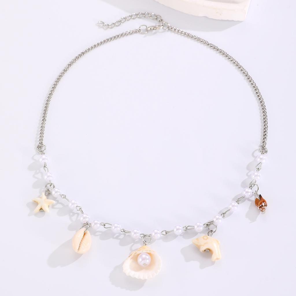 Sweet Summer Choker Necklace for Women Dopamine Seashell Starfish Pendant Asymmetrical Seaside Layered Chain Boho Zircon Gift