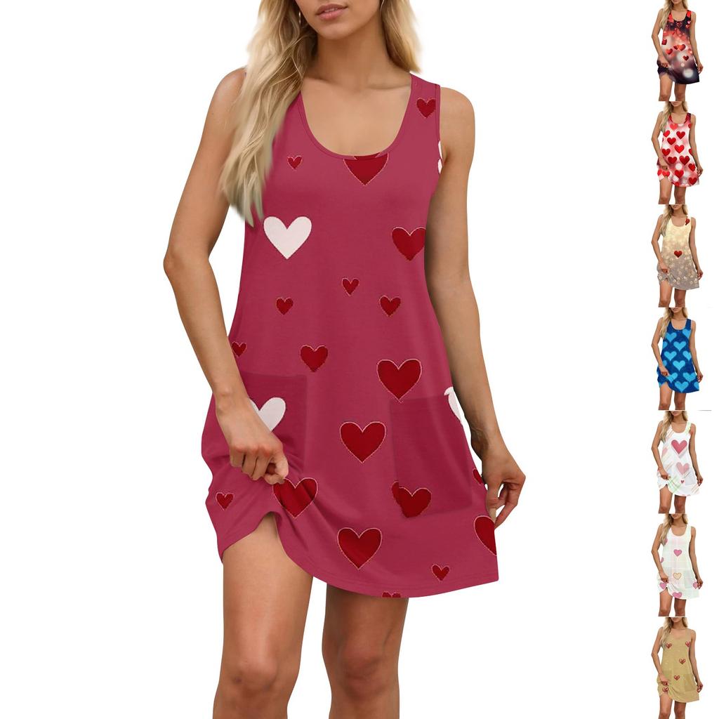 Women's Fashion Casual Small Pocket Valentine's Day Love Heart Printed Vest Dress