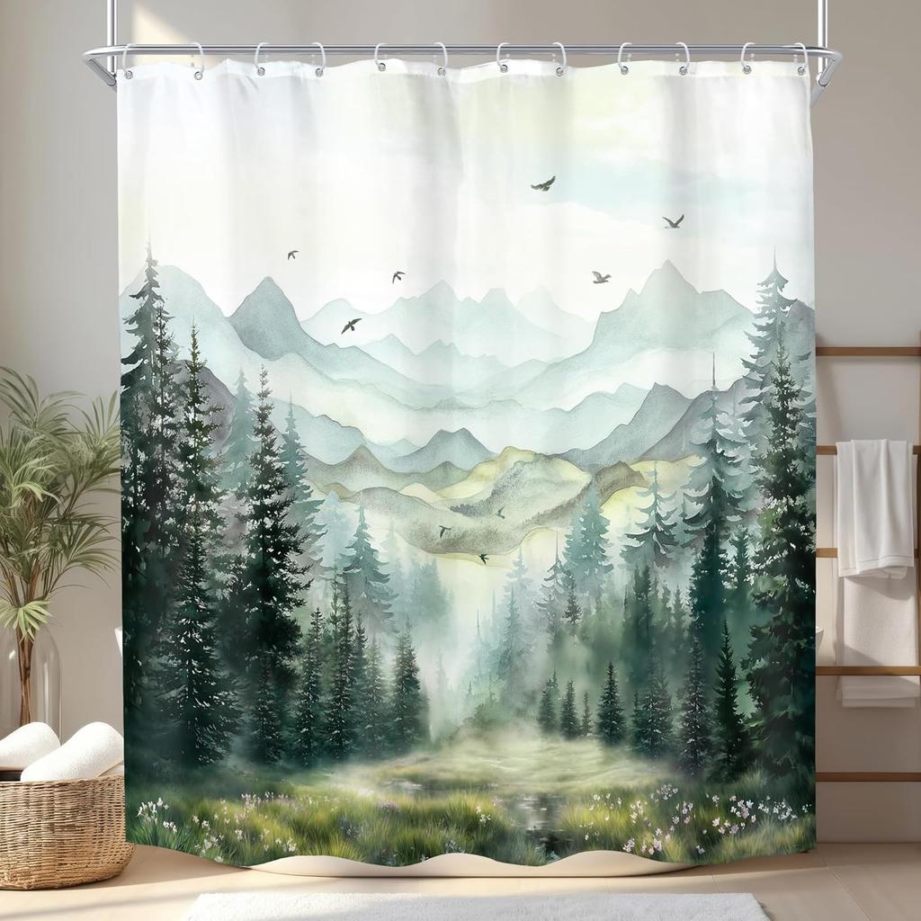 Rustic Green Mountain Shower Curtain for Bathroom Nature Misty Pine Tree Modern Woodland Watercolor Scenery Landscape Fabric