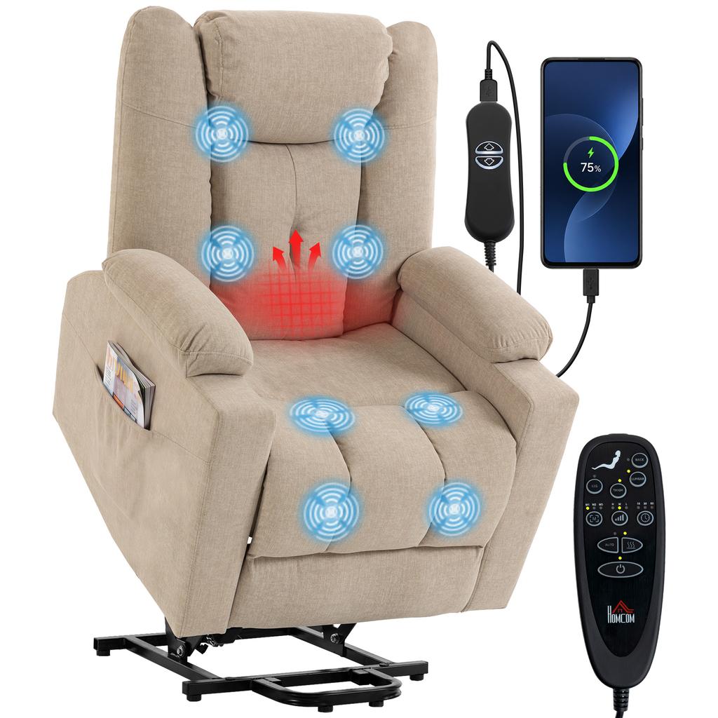 Electric Lift Chair with Vibration Massage and Heat Function, Recliner Chair In Velvet Look with Pocket Spring Padding, Cream White