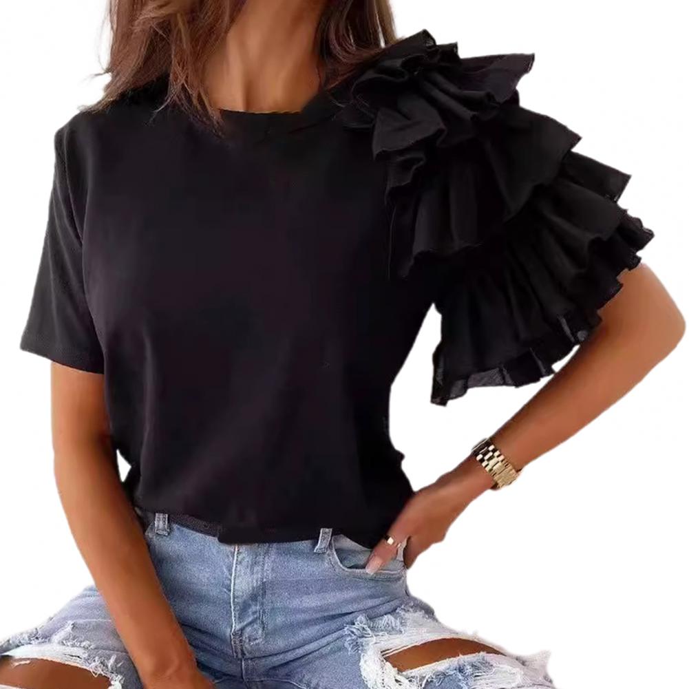 

Женская летняя футболка, асимметричная многослойная футболка с короткими рукавами и оборками, однотонные футболки с круглым вырезом, уличная одежда XL чёрный