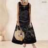 Women Plus Size Sleeveless Scoop Neck A Line Long Dress Black Purple Feather Printed