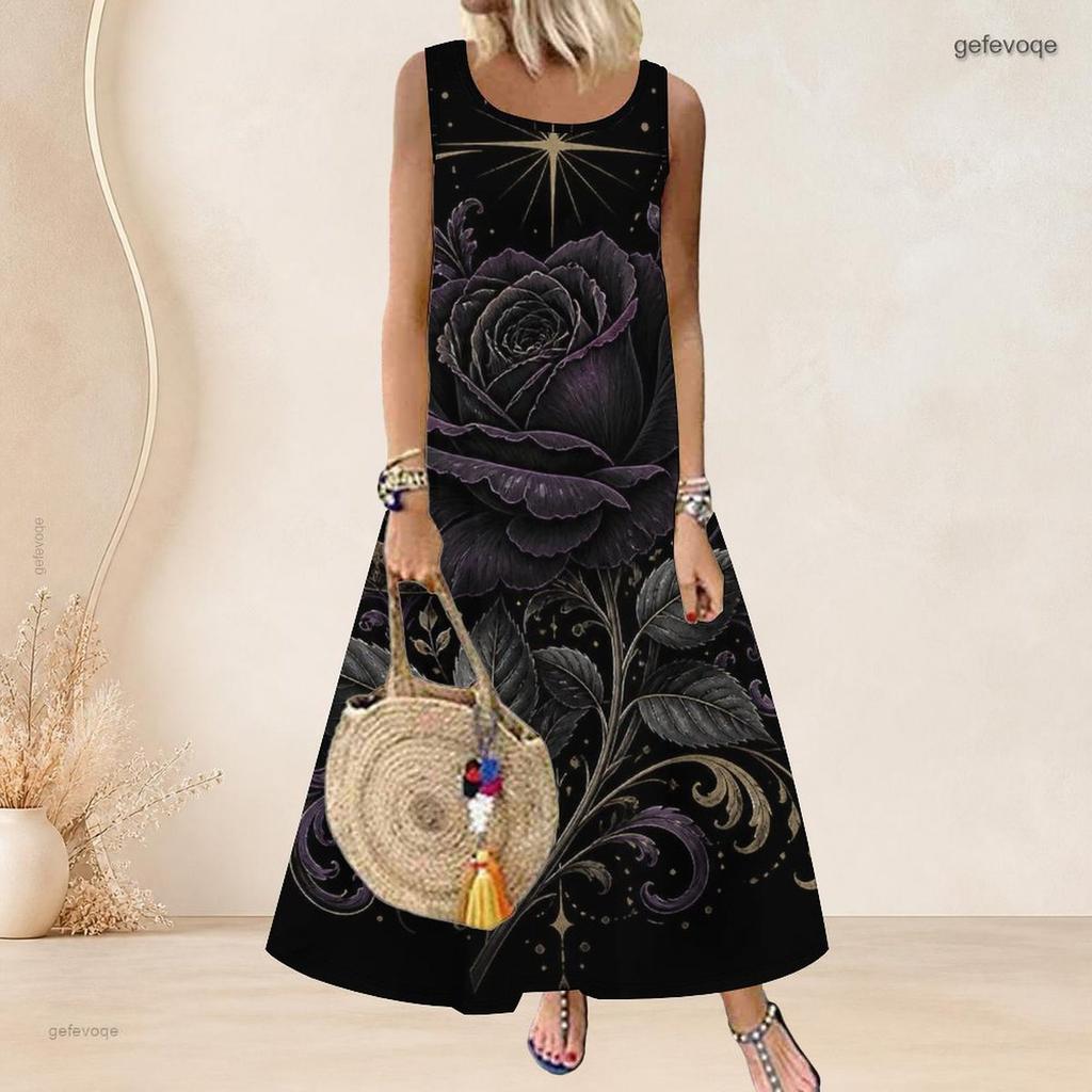 Women Plus Size Sleeveless Scoop Neck A Line Long Dress Black Purple Feather Printed