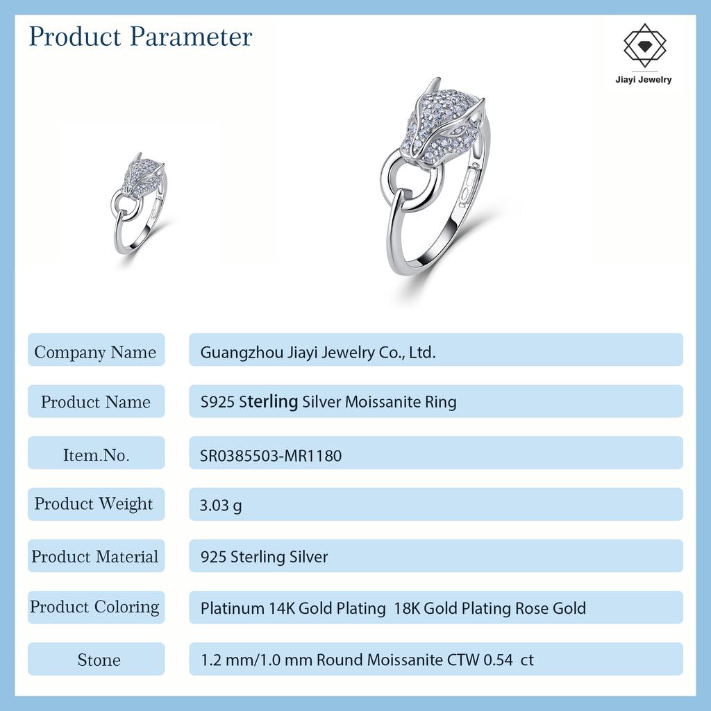 0.54 CTW S925 Sterling Silver Full Micro Pave Moissanite Leopard Ring Edgy Panther Head Link Band Bold Unisex Jewelry